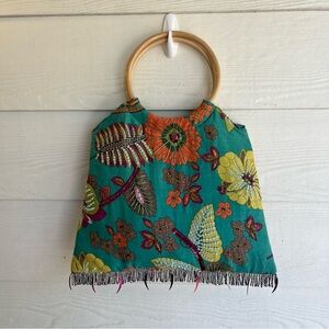 NWOT Floral Hawaii Print‎ Purse Tote With Wooden Loop Handles. Bottom Beads.